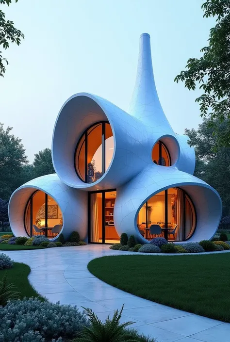 Make a house that will be inspired by the aerodynamic shapes of the blue jay, with ellipsoidal and conical structures that allow for efficient circulation of air and natural light. The facades will present a symmetrical geometric pattern, with modules that...