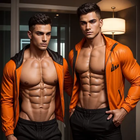 a muscular handsome man, extremely detailed face, perfect face, short hairstyle, looking at viewer romantically, orange jacket, black pants, shirtless, sexy look, smooth skin,