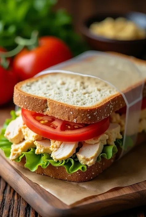 Image of a fresh and packaged chicken mayonnaise natural sandwich 