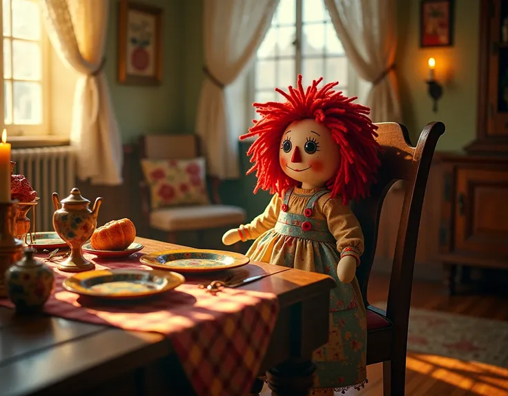 Raggedy Ann doll sitting on a dinner chair