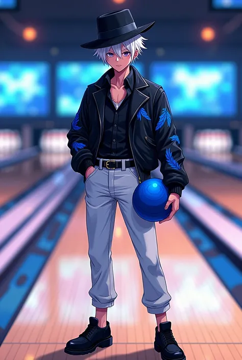 anime style draw. a man of , Scrawny, with messy white hair, with a black hat, in black clothes with a blue feather print, with white pants without a pattern , holding a blue bowling ball, on a realistic bowling court