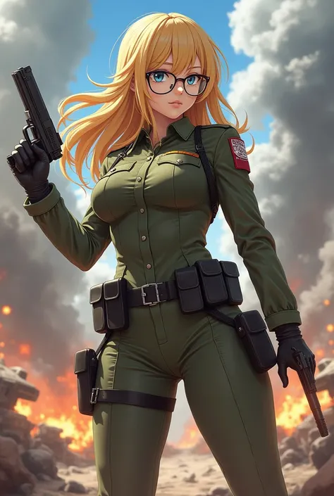 Anime girl with large bust, firm hips, and medium-sized buttocks, blonde hair with glasses, wearing a military uniform in a combat pose with a pistol. Aser aegael 
