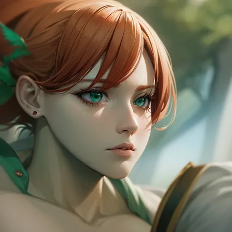 A beautiful redheaded girl, attack on titan inspired character, detailed face, delicate features, piercing green eyes, digital painting, photorealistic, 8k, ultra-detailed, masterpiece