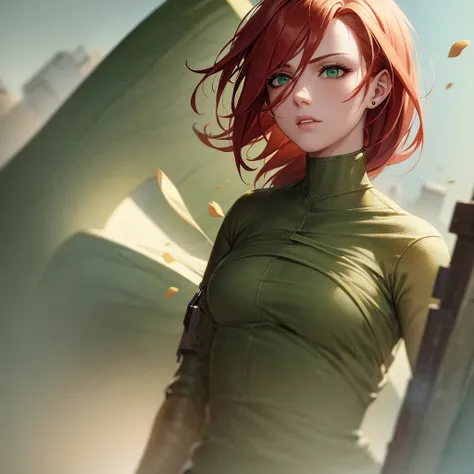 A beautiful redheaded girl, attack on titan inspired character, detailed face, delicate features, piercing green eyes, digital painting, photorealistic, 8k, ultra-detailed, masterpiece