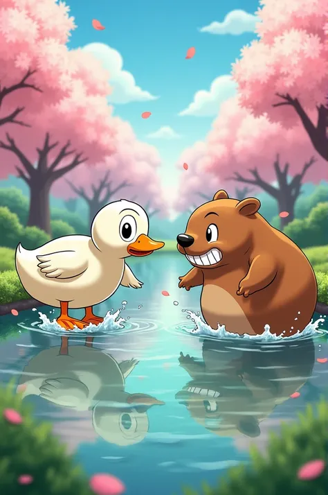 A fight between a duck and a capybara. アニメ