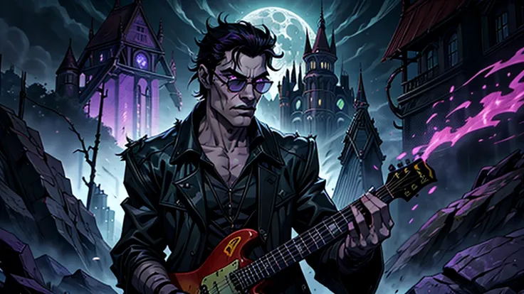 Create a surreal and haunting high fantasy image of a Frankenstein green monster using dark glasses in a rockstar jacket, "Kaelin Darkshadow", playing a flaming guitar while battling a horde of demonic creatures in a mystical, neon-lit arena. called Lunar ...