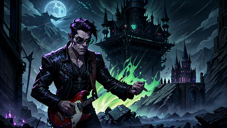 Create a surreal and haunting high fantasy image of a Frankenstein green monster using dark glasses in a rockstar jacket, "Kaelin Darkshadow", playing a flaming guitar while battling a horde of demonic creatures in a mystical, neon-lit arena. called Lunar ...