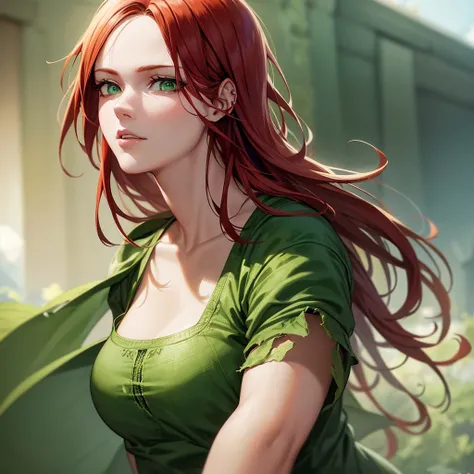 A beautiful redheaded girl, attack on titan inspired character, detailed face, delicate features, piercing green eyes, digital painting, photorealistic, 8k, ultra-detailed, masterpiece