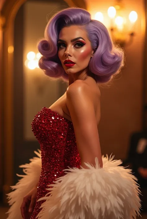 Man turns , a beautiful character , drag  Queen , magra rosto lindo appealing maquiagem linda estilo glamour , pin up hair , classic red crystal dress, with white goose feathers , lilac hair, with layers, drag who  , appealing, luxury makeup , It&#39;s stu...