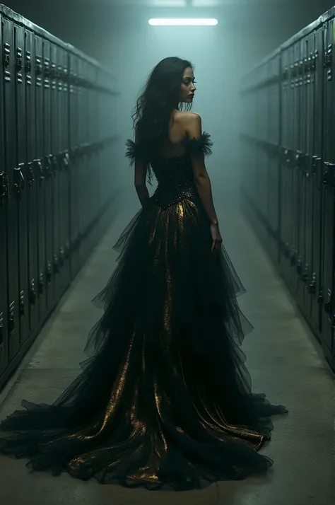 You can create a closed locker room, of a woman with the power of the lament of the abyss, with layers representing the dark fog, with golden touches, with tail and multiple elegant layers, with its extravagant touch