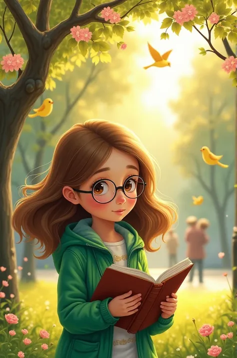 girl with brown hair, glasses and green jacket