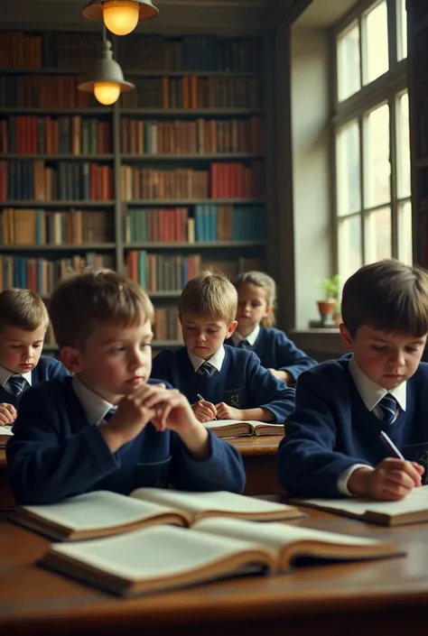 sad children in uniform inside a library