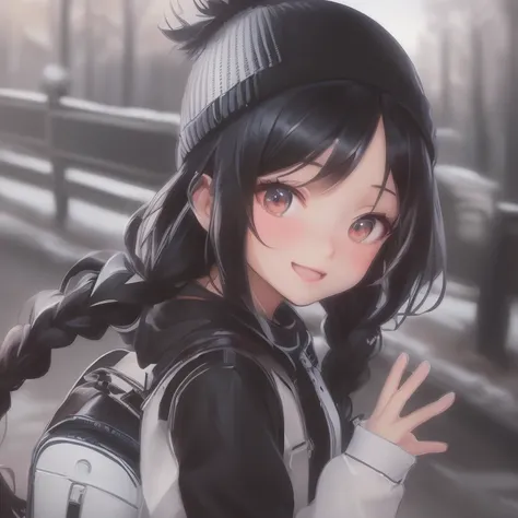 on a snowy day、An anime girl with long black hair is wearing a backpack., Cute girl anime visuals, Anime Style. 8k, Kantai Collection Style, Smooth anime CG art, Anime Style 4 k, Official artwork, Cute Anime Girl, Beautiful anime school girl, Photorealisti...