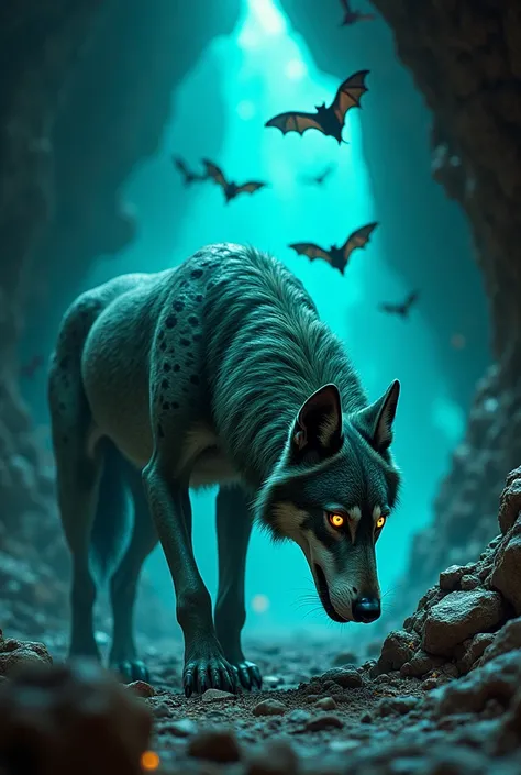 A metallic wolf with large fangs
of green with gray and spots and with fur sniffing around, In addition, a kind of. 10 mutant bats flying around
And a background of a large, dark cave with cracked stones and a bright blue glow 