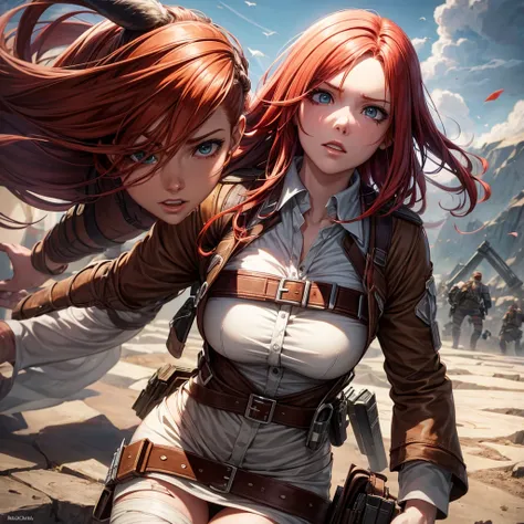 A beautiful redheaded girl, attack on titan inspired character, detailed face