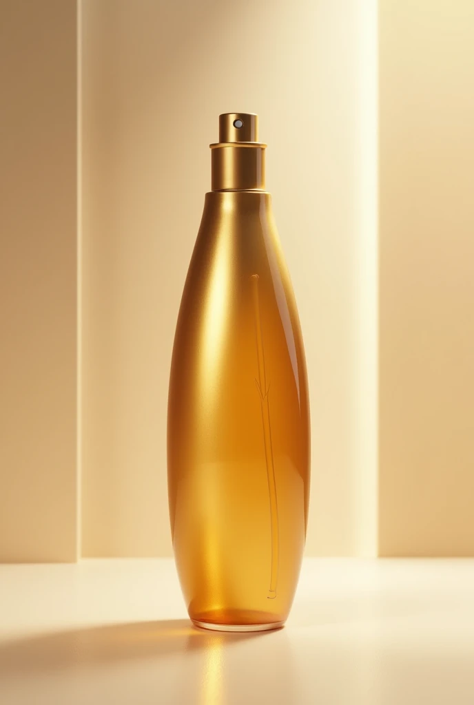 Create a 250 ml bullet-shaped PET bottle with an atomizer, this bottle should contain a golden liquid inside 