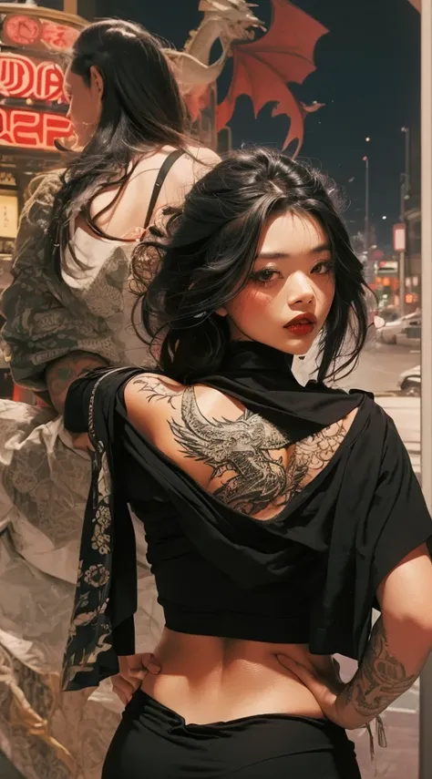 Japanese woman with her back turned, taking off a business blouse,tattooed back,Yakuza,Japanese Mafia,short messy hair,dragon tattoo,Bblack hair,red lipgloss stick,dark make-up,hand drawn,art nouveau