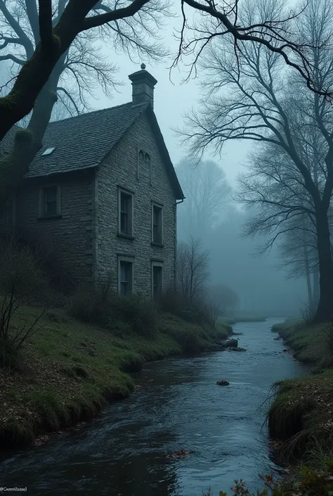 Old gray house with crumbling walls, a river and trees around, shadowy and dark atmosphere