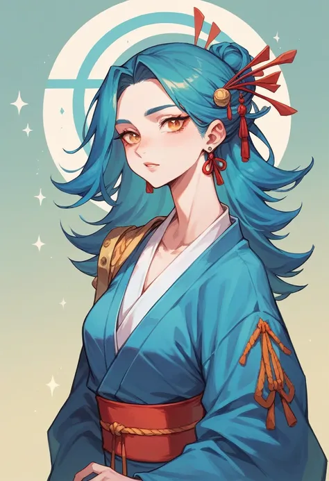 Create a girl with shoulder length hair and white, She has a blue kimono with a heron symbol, She is a 13 year old girl who has a lonely look, She has the power to see the future and that&#39;s why she is always kept away from people.. Make it in an impres...