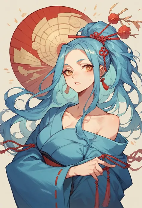 Create a girl with shoulder length hair and white, She has a blue kimono with a heron symbol, She is a 13 year old girl who has a lonely look, She has the power to see the future and that&#39;s why she is always kept away from people.. Make it in an impres...