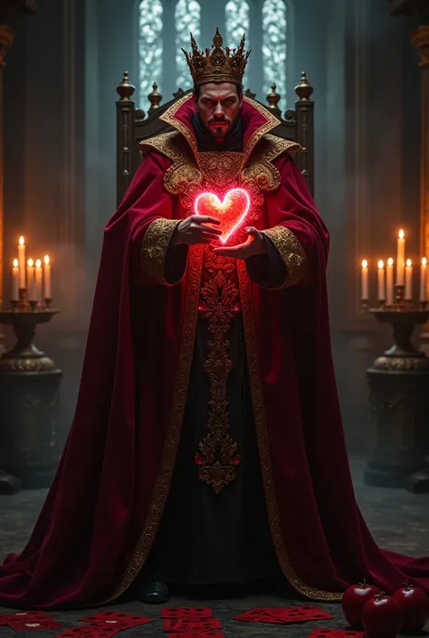 A villain king based on the king of hearts with a glowing human heart in his hand and a deck of magic cards in the other.