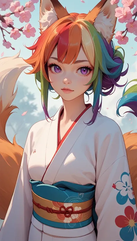 PonyXLV6_Scores , fox girl, kimono, rainbow hair, sexy, kawaii, source_anime