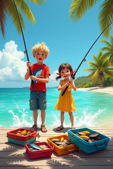 A boy and a girl are fishing for sharks 