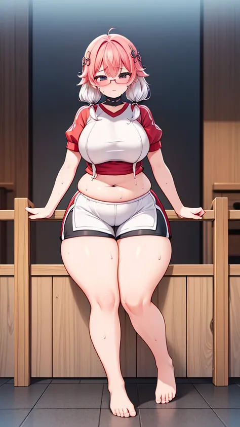 (Full body, very high quality, highly detailed)), (fat belly, big belly, enourmous belly, jiggly belly), belly bursting out of clothes, glasses, long hair, ((((wide hips, thick thighs)))), gym clothes, thight shorts, barefoot, sitting, (tsundere), ((sweati...