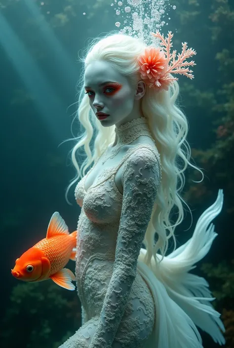 An ethereal sea creature, half-human, half-fish, emerges from the dark depths. Her skin is porcelain white, dramatically contrasting with intense red eye makeup. Her snow-white hair is adorned with delicate coral flowers and translucent fish fins. A coral-...