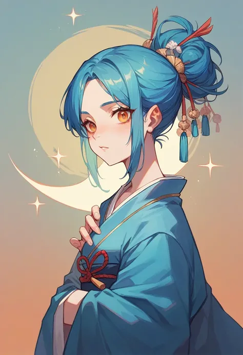 Create a girl with shoulder length hair and white, She has a blue kimono with a heron symbol, She is a 13 year old girl who has a lonely look, She has the power to see the future and that&#39;s why she is always kept away from people.. Make her show her bo...