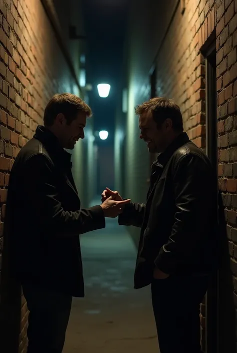 Man shakes the hand of a fake friend in a dark alley