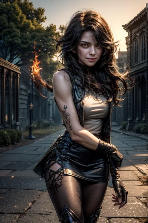 (masterpiece, best quality:1.2), cowboy shot, solo, 1girl, cinder fall, evil smile,holding flames, looking at viewer, long hair, t-shirt, white skirt, sleeveless jacket, elbow gloves, pantyhose, standing outside huge gothic building, trees, (volumetric lig...