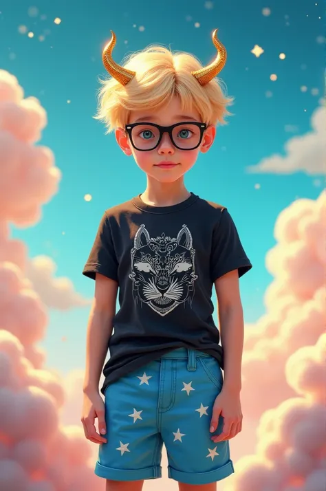 Trigger : blond haired boy with glasses and gold horns with white , black shirt with blue shorts with white stars