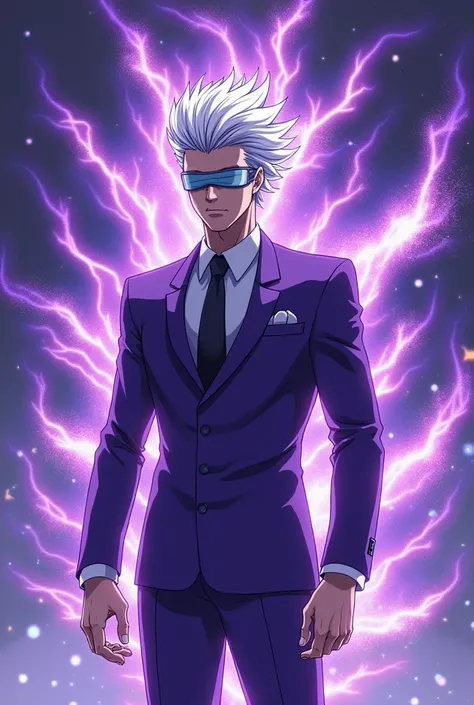 Satoru Gojo,white hair up,blindfolded,  domain expansion,Purple Suit,anime image.