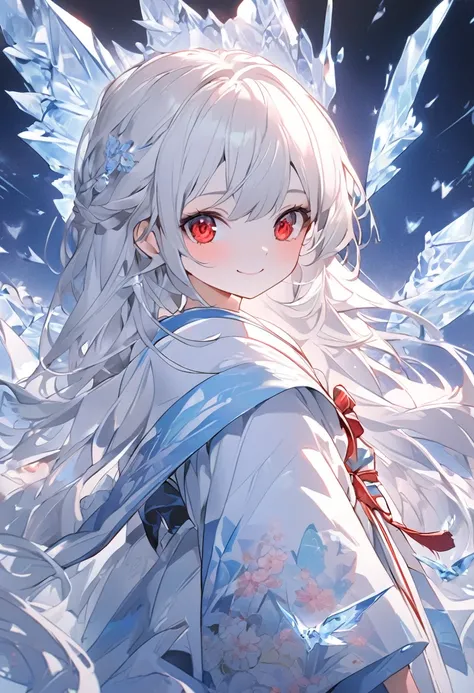 Masterpiece, high definition, 4K, 8K, anime girl, white hair, ((very long hair)), red eyes, cute anime girl, smiling face, ((ice swallows)), fractal art, Gwaiz, garden background of sakura flowers, super detailed background, night sky