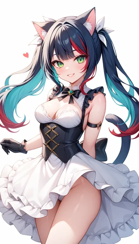 1 Girl, Medium Breasts, Dark Blue Hair, Red Highlights in Hair, Two Tone Hair, Split Hair Color, Multi Color Hair, Cyan Highlights In Hair, Twintail Hair Style, Long Hair, Emerald Green Eyes, Pale Skin, Smooth Skin, Soft Features, Nice Lips, Nice Smile, Cu...