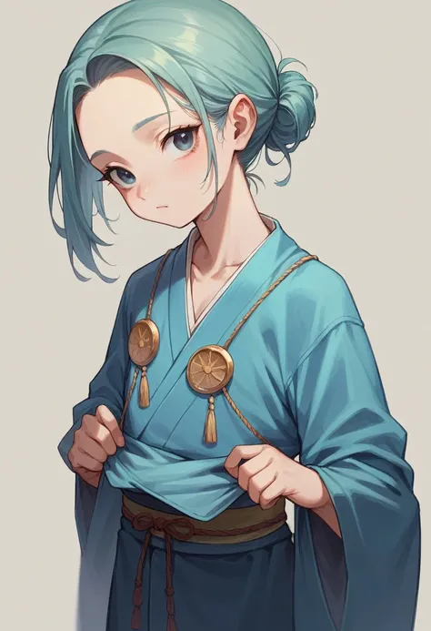 Create a child with shoulder length hair and white, She has a blue kimono with a heron symbol, She is a 13 year old girl who has a lonely look. Make it in a realistic style