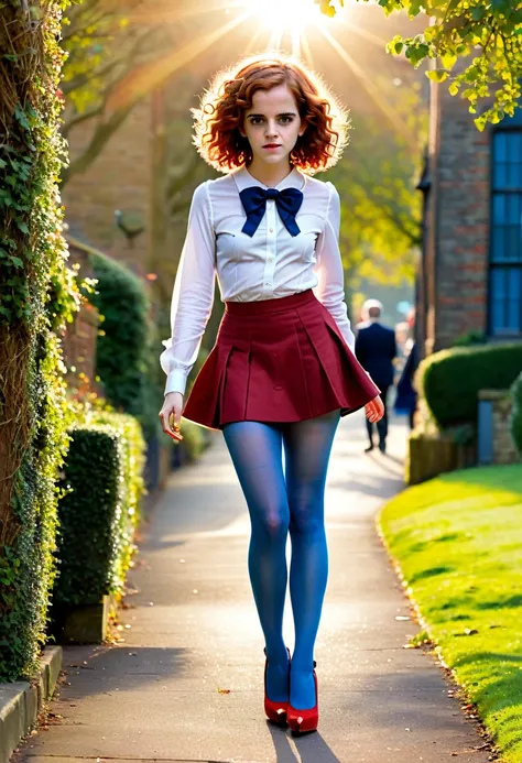 Emma Watson, very curly red hair, head bow, very tiny miniskirt, blue pantyhose, high heels, sun shiny day, full body 
