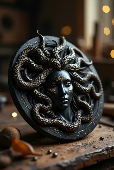 Create an image of a dark wooden medallion with details in mother-of-pearl gold and zircons based on a picture of Medusa.