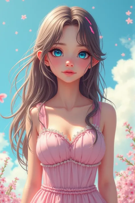 a girl who is:

eyes are blue, my hair is long with pink streaks. mido 1,66 m. My skin is white, not very thin but not very muscular either, Very soft. I have a small face and a little childish. My lips are thick and full, a butt of big breasts and butt