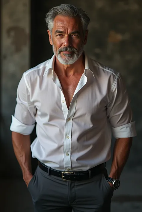 Mexican man(Latin), 60 years old, Handsome and elegant,beardless, Wearing a  transparent shirt, sexy , Masculine and handsome，musculous，Muscles look good，with fair skin,, Full body photo,(ultra-detailed, photorealistic, best quality, 4k, 8k, highres, maste...