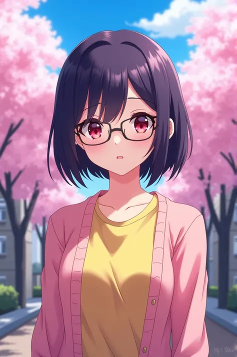 Dark purple hair　Side-swept bangs　A bob cut that reaches the shoulders and doesnt show the ears　Rimless oval-shaped glasses　Eye color: Red　Slanted Eyes　Fair skin　A yellow shirt with a pink cardigan　A appearance that can be seen as both a handsome boy and a...