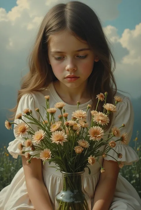 small painting of a girl. Depressing flowers in a vase are in front of the painting.