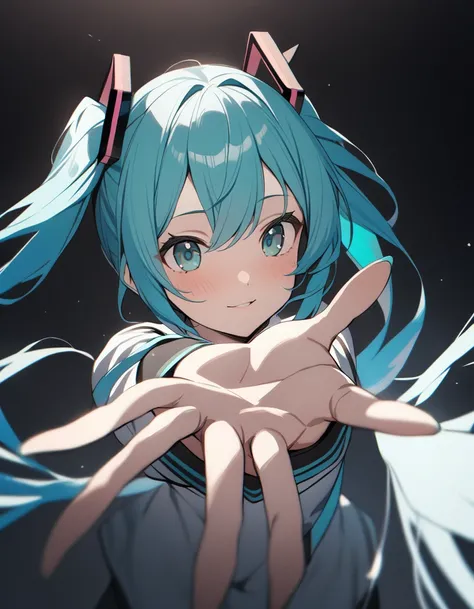 1 girl, Hatsune Miku, hololive, Outstretched hand, close up, cinematic angle, foreshortening, Dark, dark background, masterpiece, Best Quality