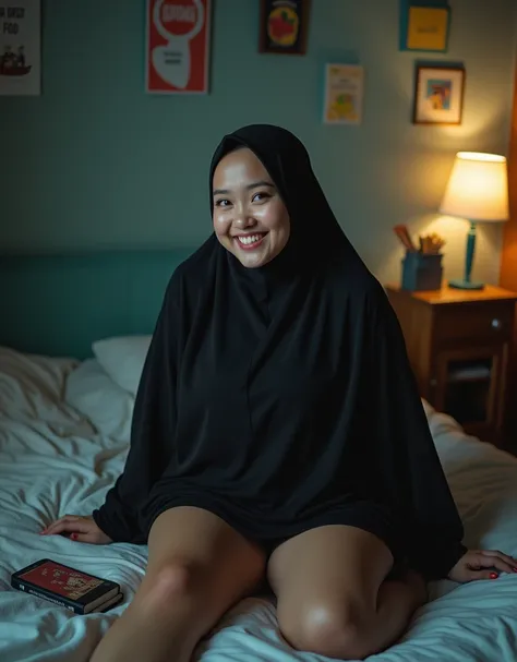 Plump vagina, sweating vagina, Beautiful girl wearing narrow dark hijab malay teenage girl 18 years old, kelantanese look, cute girl face, smiling, eyes looking at camera, grin, big laugh, big breasts about to burst out, closeup vagina, closeup view, curvy...