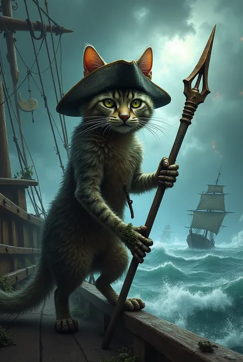 zombie pirate cat with a trident in the sea