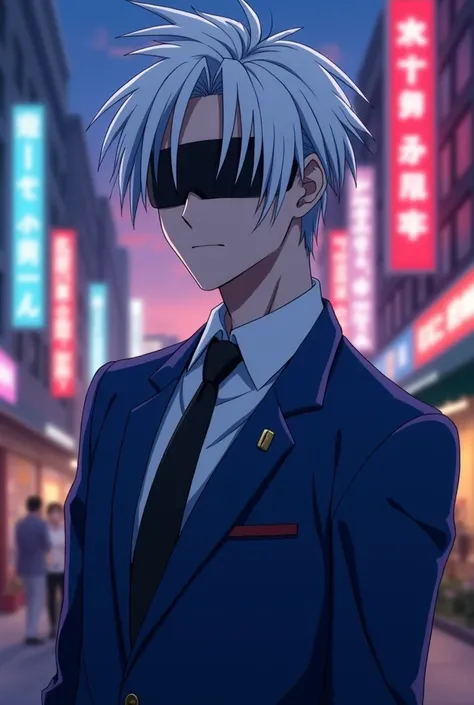 Satoru Gojo,straight white hair up,eyes with the black blindfold,blue suit,anime image.