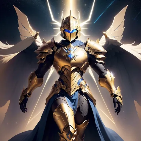 Faça um HOMEM: The image presents a golden knight in highly detailed armor, inspired by the Knights of the Zodiac, particularly the Sagittarius armor from the Omega series. The figure, a male or someone of masculine gender, is positioned facing the screen,...