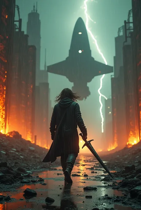 Man walking in a burning city, long hair and with a SWORD, raining lightning with a spaceship in the background, with only one mechanical leg.