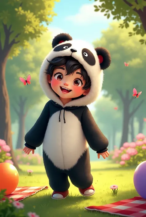 A cute teenage boy in a panda outfit